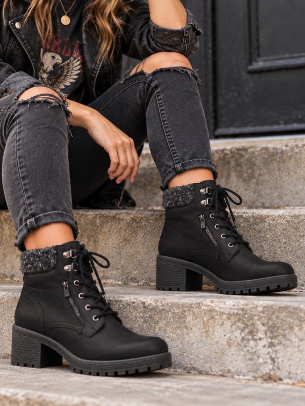 Cliffs Leather Black Sweater Chunky Heel Combat Ankle Booties Edgy Grunge Goth 9